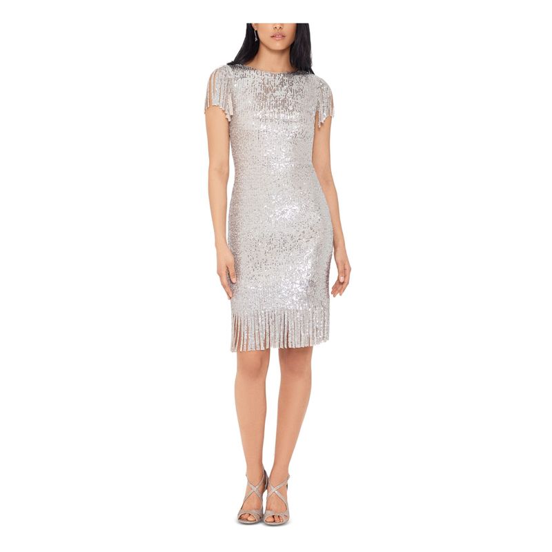Nwt Xscape Womens Beige Sequined Fringed Knee Length Formal Body Con Dress 14